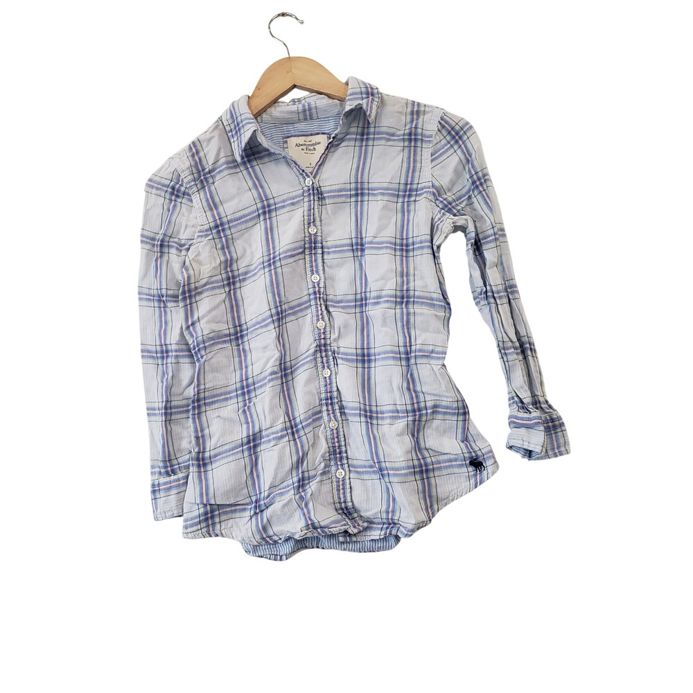 Abercrombie & Fitch Button Down Shirt Blue Plaid Long Sleeve Cotton Y2K Vintage
